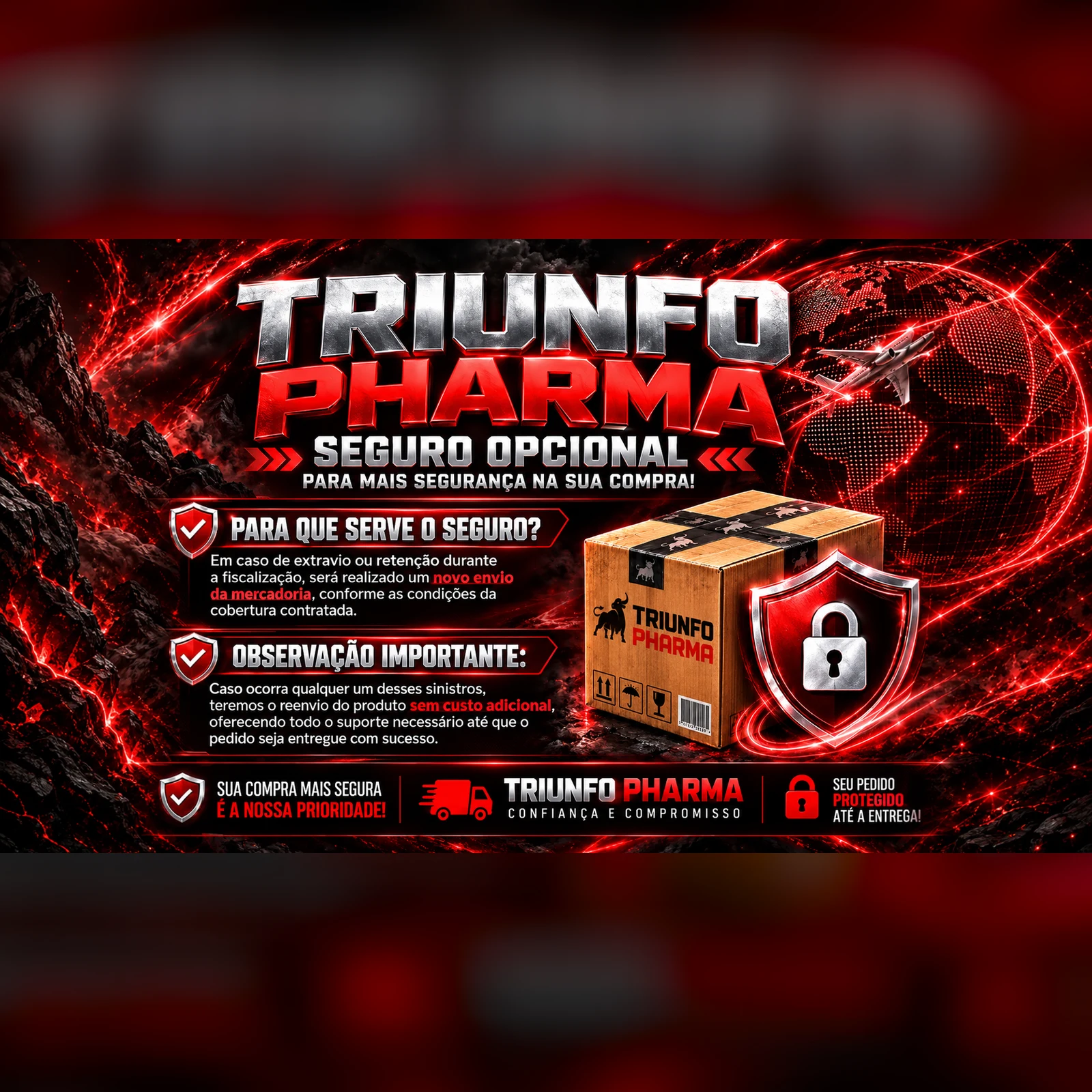 Triunfo Pharma — seguro opcional: em caso de extravio ou retenção, novo envio da mercadoria sem custo adicional